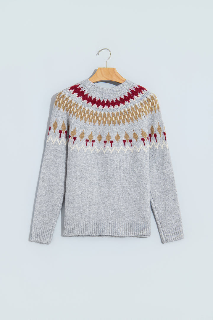 Gray Geometric Detail Round Neck Winter Sweater