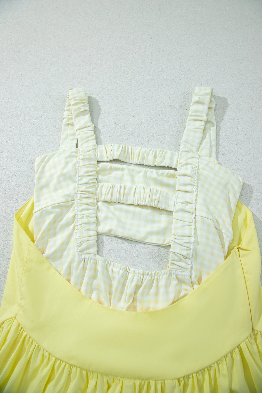 Cute Yellow Cream Faux Two Piece Gingham Contrast Loose Mini Dress
