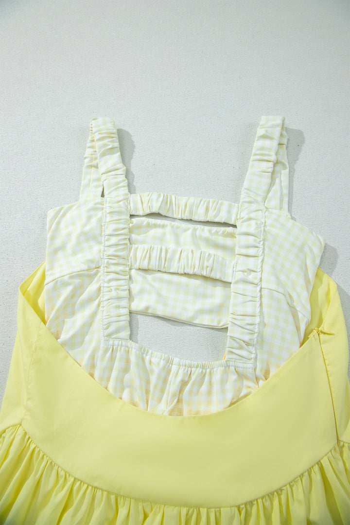 Cute Yellow Cream Faux Two Piece Gingham Contrast Loose Mini Dress