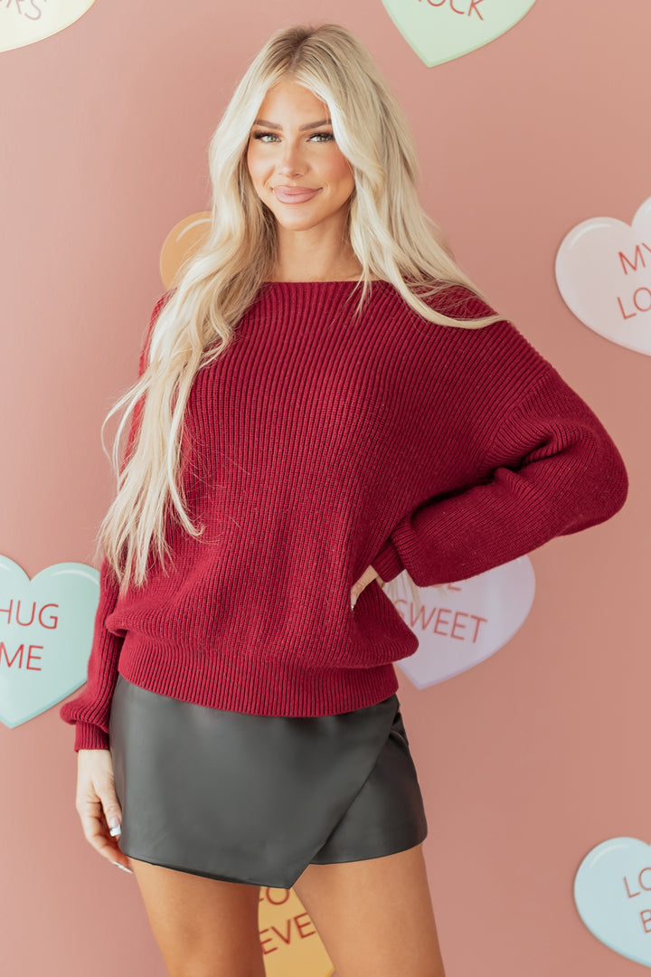 Ribbed Knit Ribbon Knot Backless Drop Shoulder Sweater