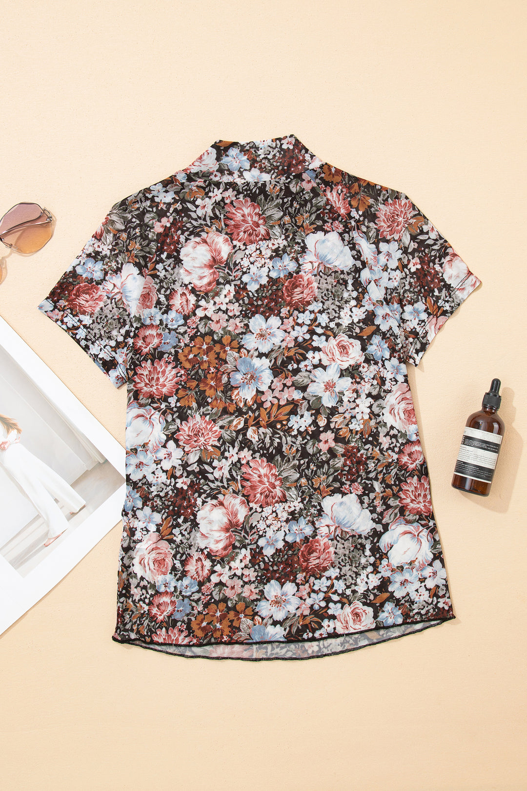 Floral Print High Neck Short Sleeve Mesh Top