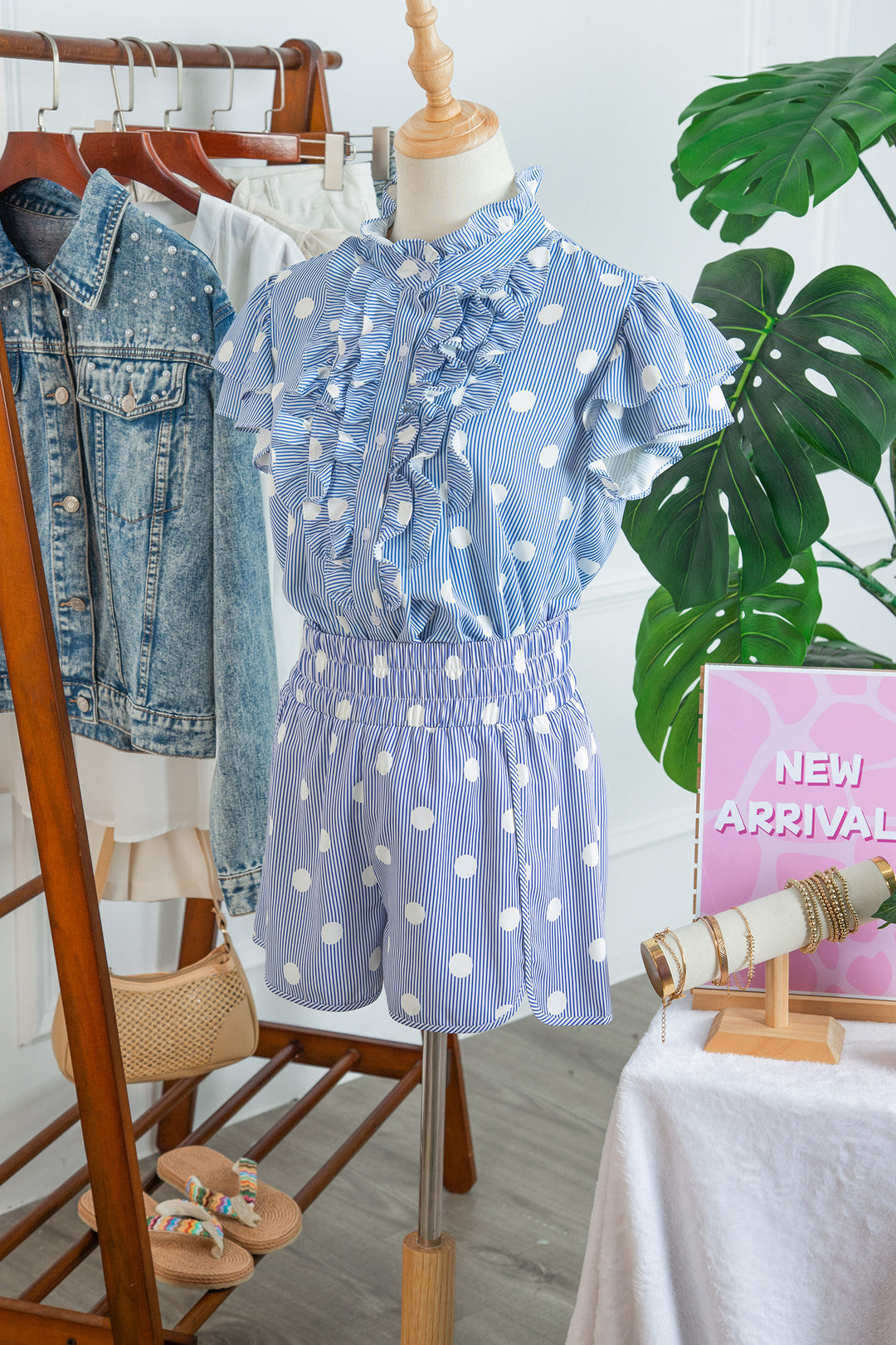 Sky Blue Polka Dot Print Shirred High Waist Casual Shorts
