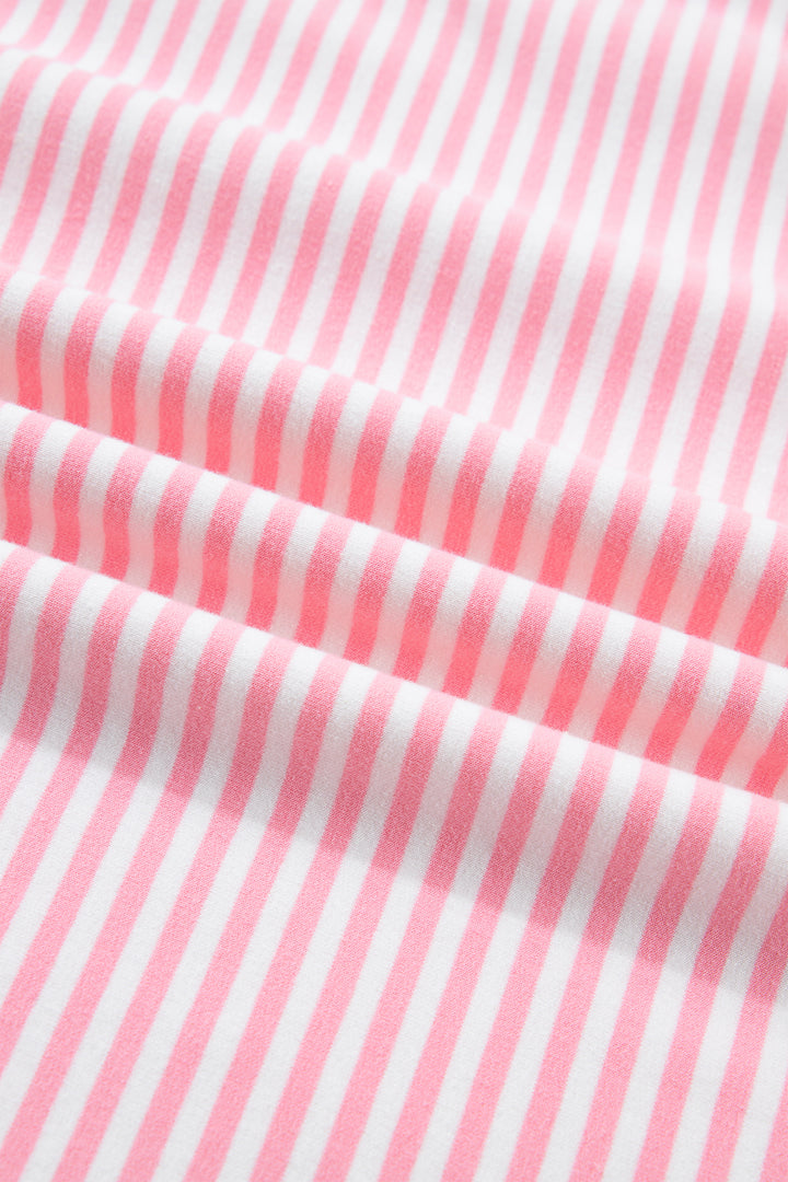 Pink Stripe Cuffed Sleeve Contrast Mock Neck Tee Casual 2pcs Short Set