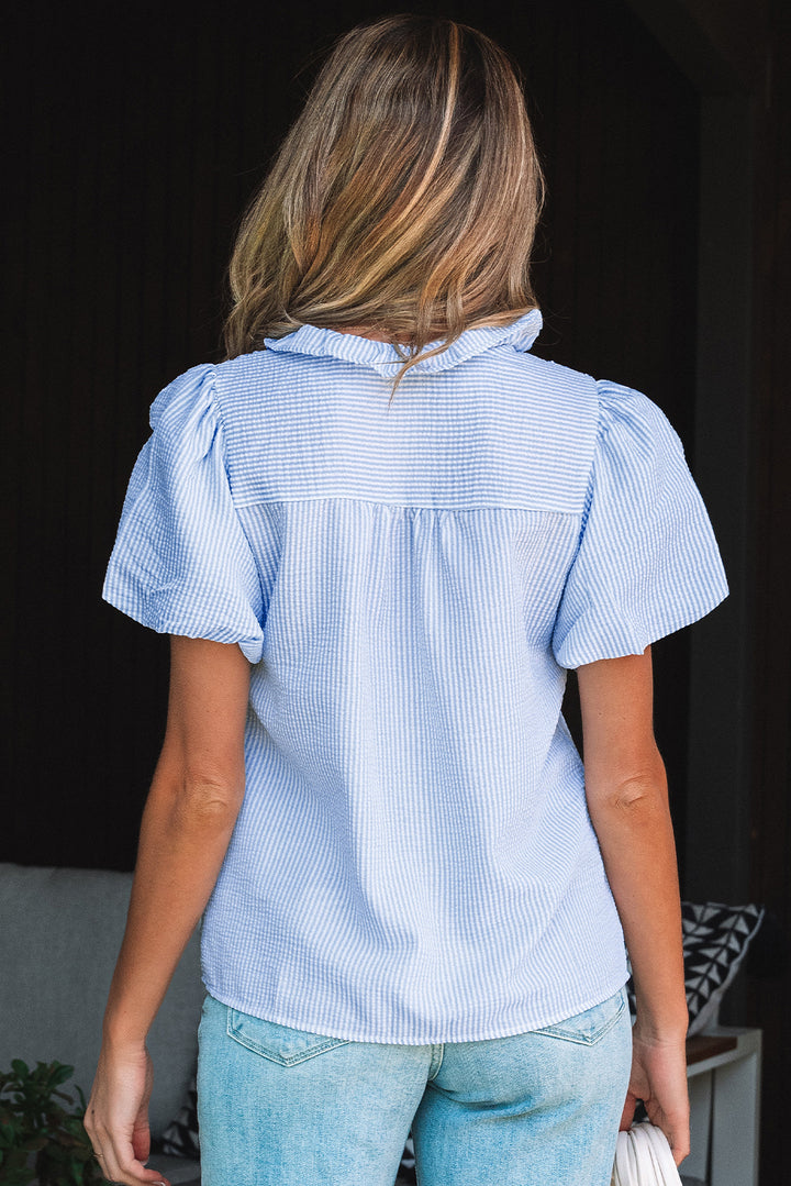 Striped Ruffle Short Bubble Sleeve Shirt