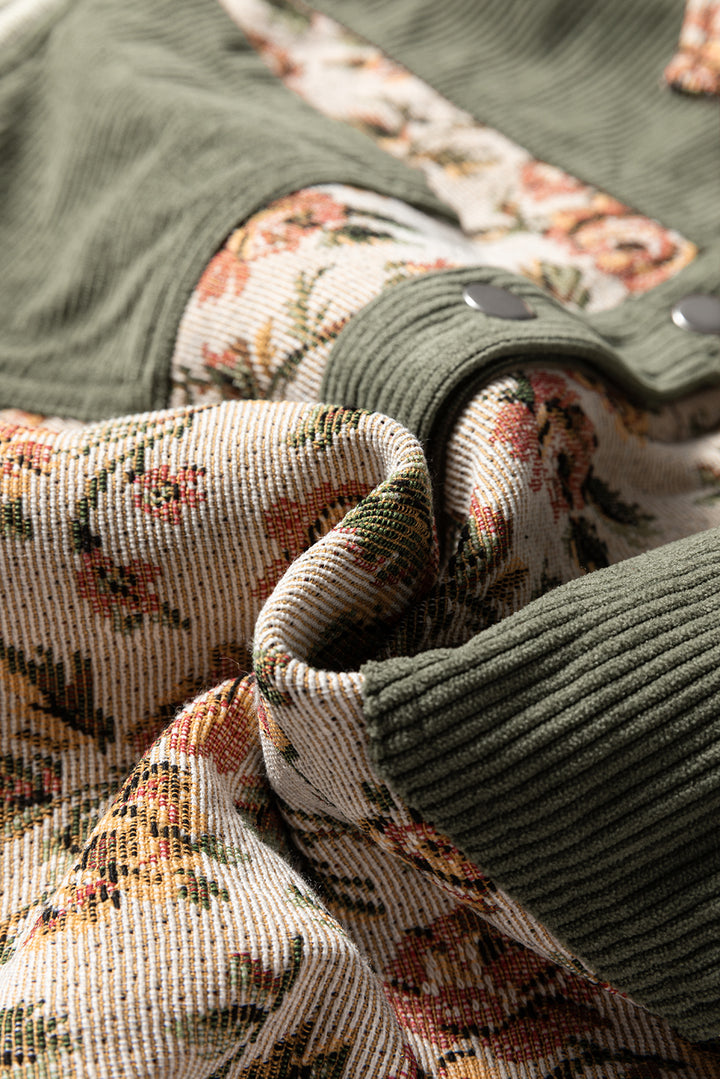 Green Ribbed Retro Floral Patchwork Shirt Style Jacket