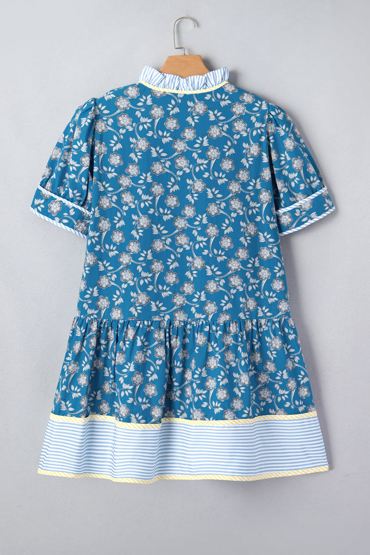 Blue Plus Size Floral Print Striped Patchwork Detail Button Front Ruffle Hem Dress