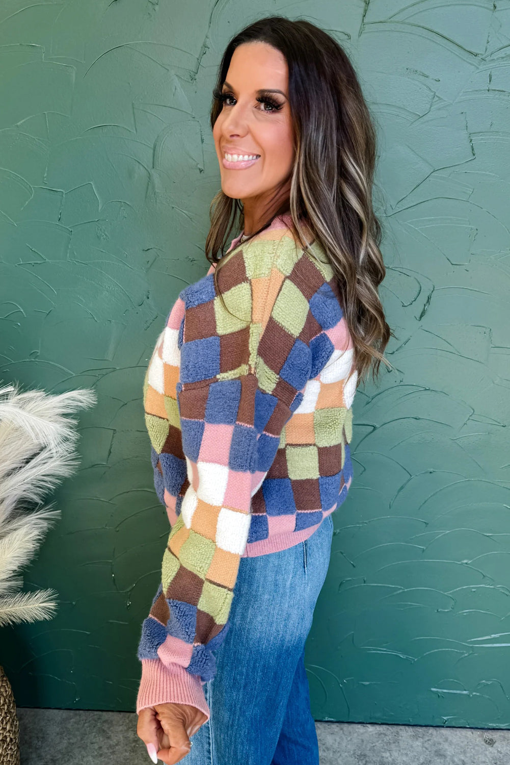 Plush Checkered Pattern Button Front Cardigan Sweater