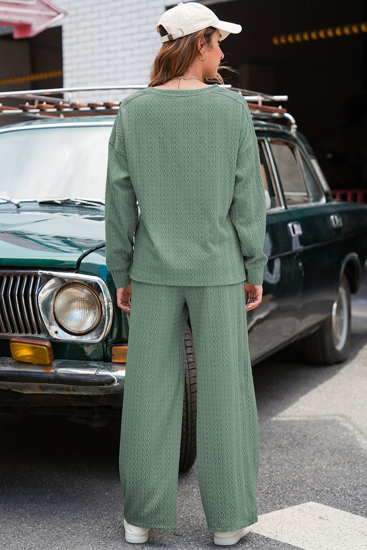Smoke Green Textured Round Neck Sweatshirt &amp; Loose Drawstring High Waist Pant Set