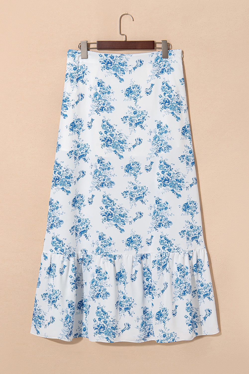 Sky Blue Boho Floral High Waist Ruffle Split Maxi Skirt