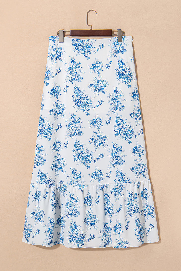 Sky Blue Boho Floral High Waist Ruffle Split Maxi Skirt