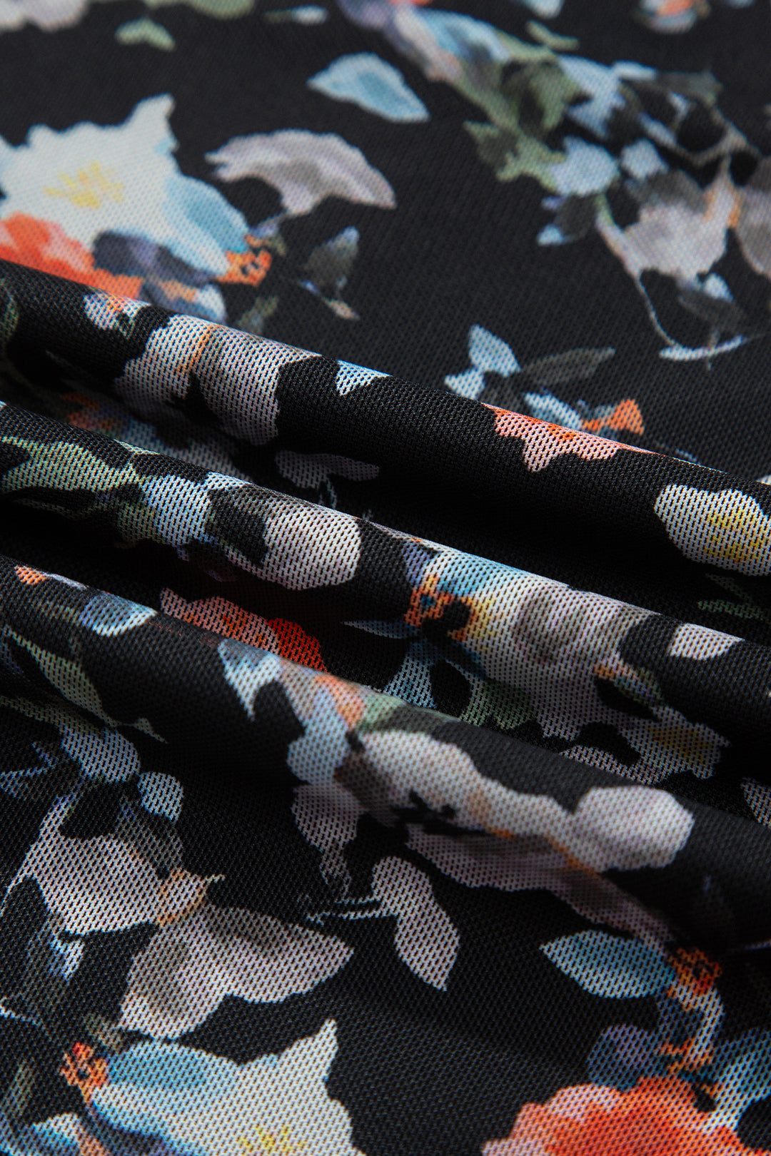 Black Floral Print Mesh Thumb Hole Long Sleeve Pullover Top