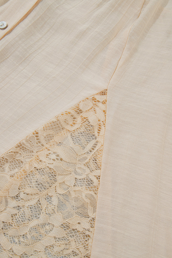 Oatmeal Sheer Lace Splicing Detail Bracelet Sleeve Loose Flowy Shirt