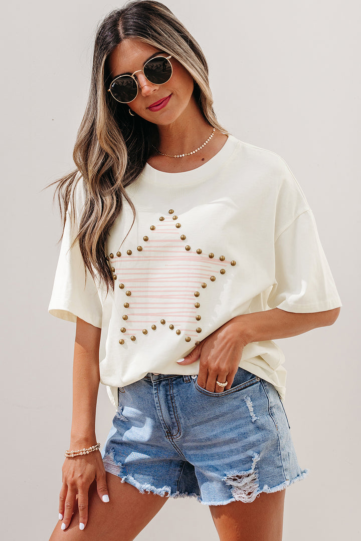 Cute Beige Star Print Stud Detail Cotton Jersey Top
