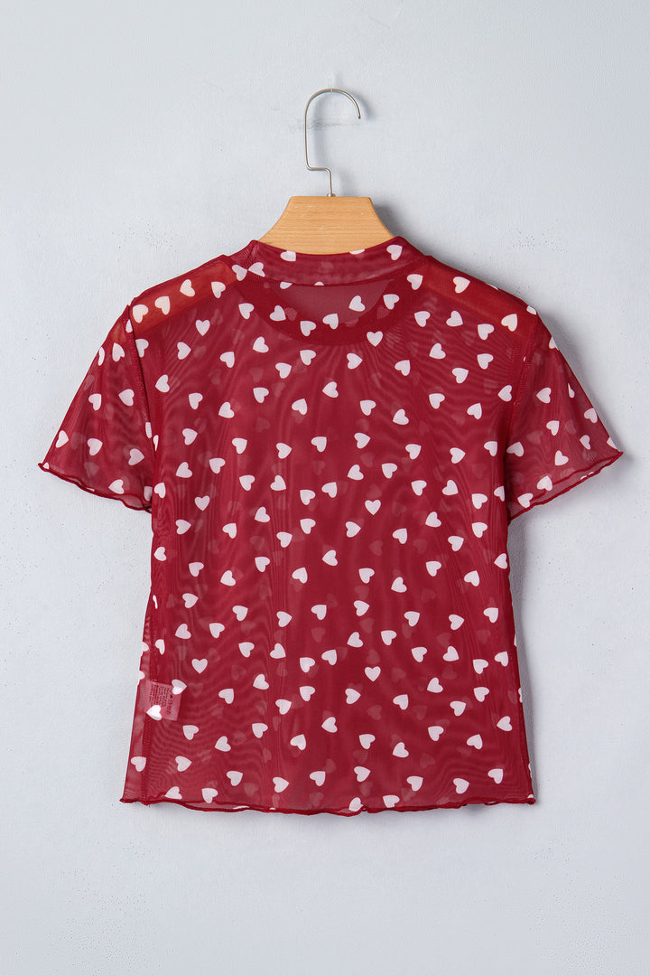 Racing Red Allover Heart Print Mesh Short Sleeve Top