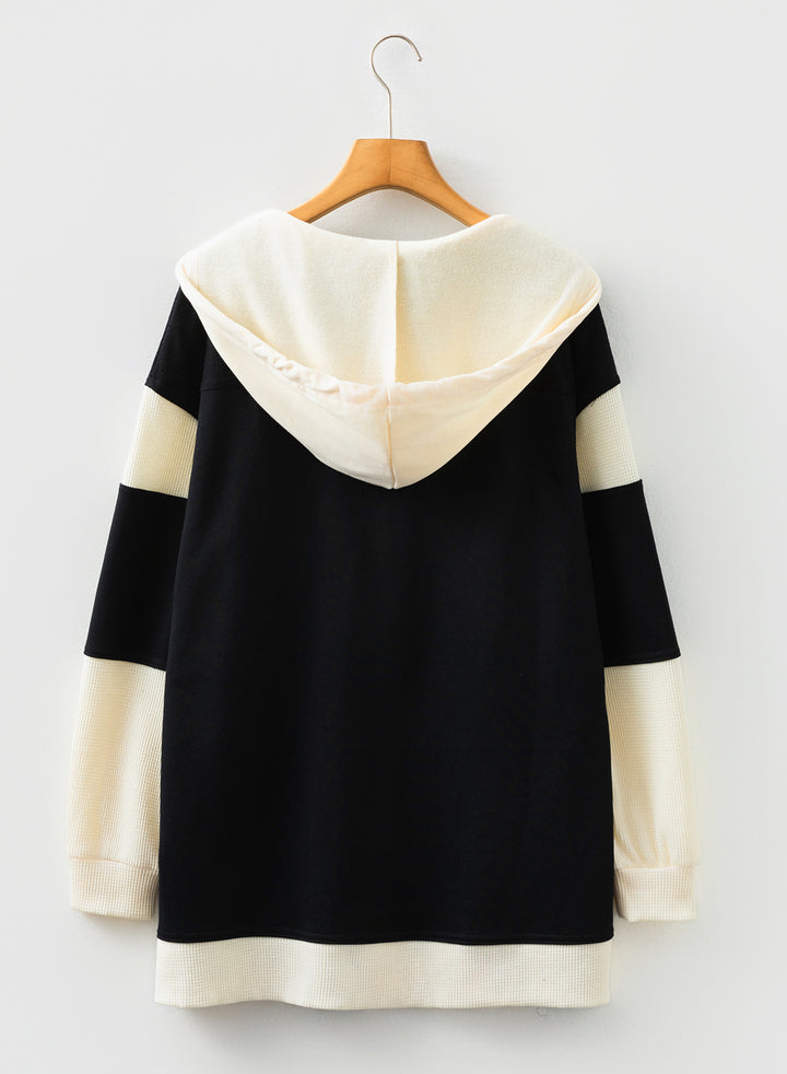 Black Waffle Contrast Knit Color Block Patchwork Button Front Oversize Hoodie
