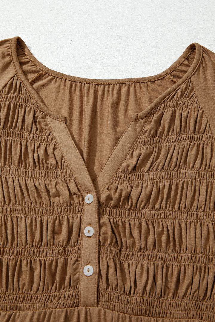 Smocked Bust Buttoned Split V Neck Flow Fit Blouse