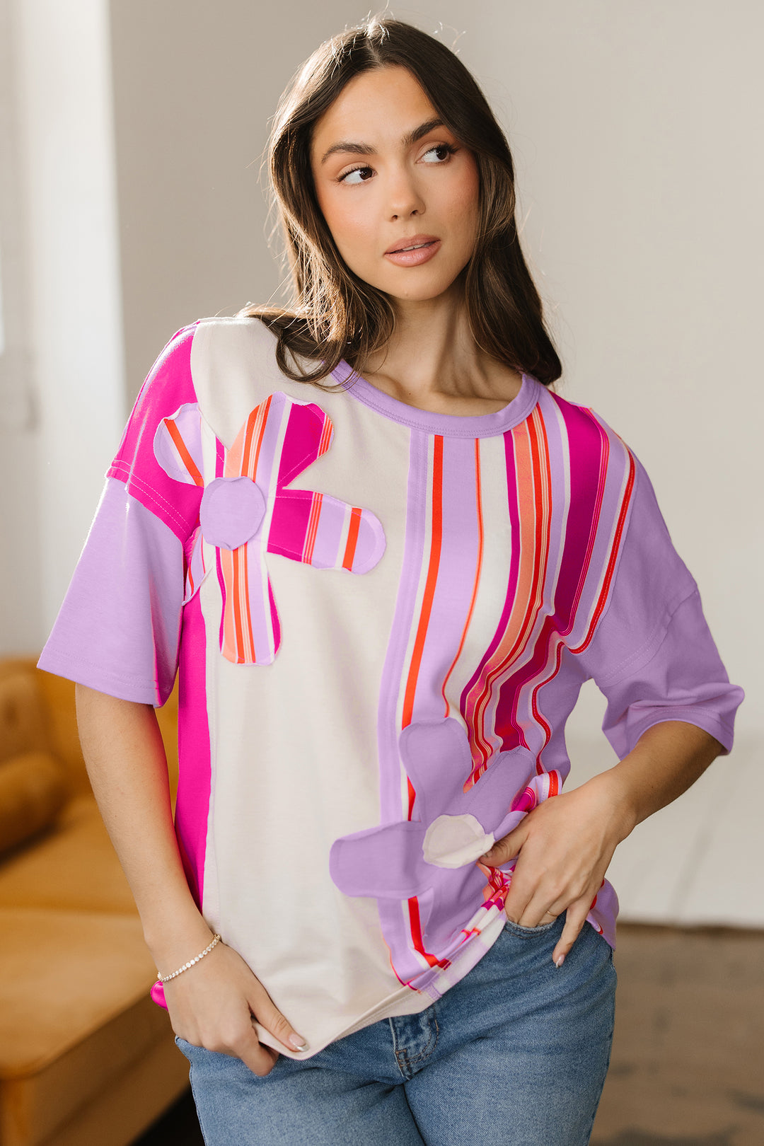 Striped Color Block Flower Patched Half Sleeve Loose Top