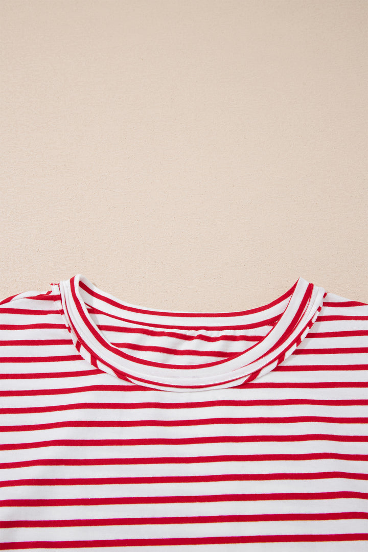 Red Stripe Floral Puff Sleeve Patchwork Round Neck Loose Top