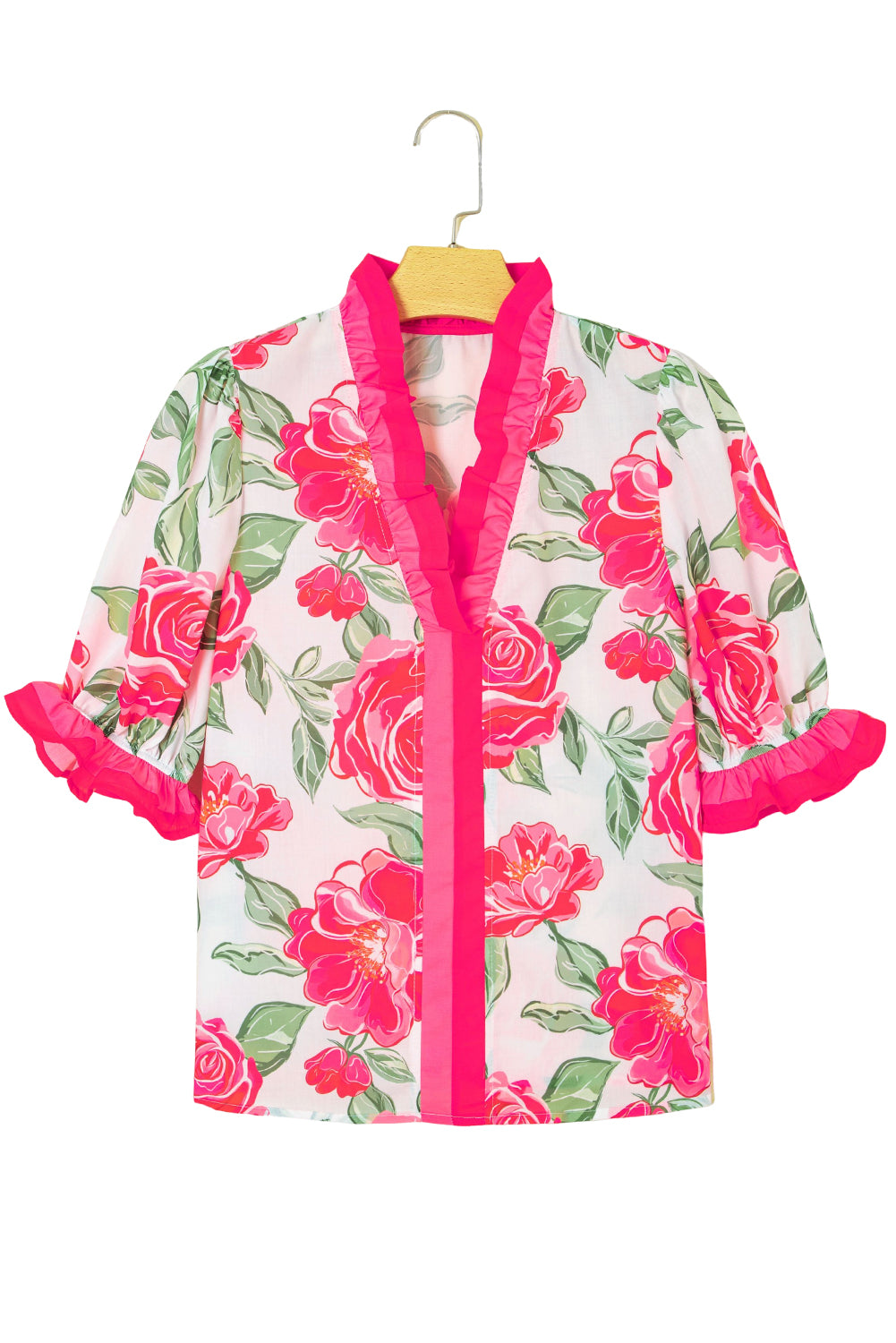 Floral Frilled V Neck Short Sleeve Blouse Top