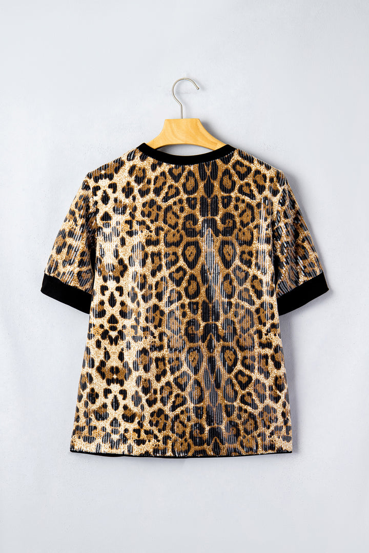 Sequin Leopard Pattern Short Sleeve Top