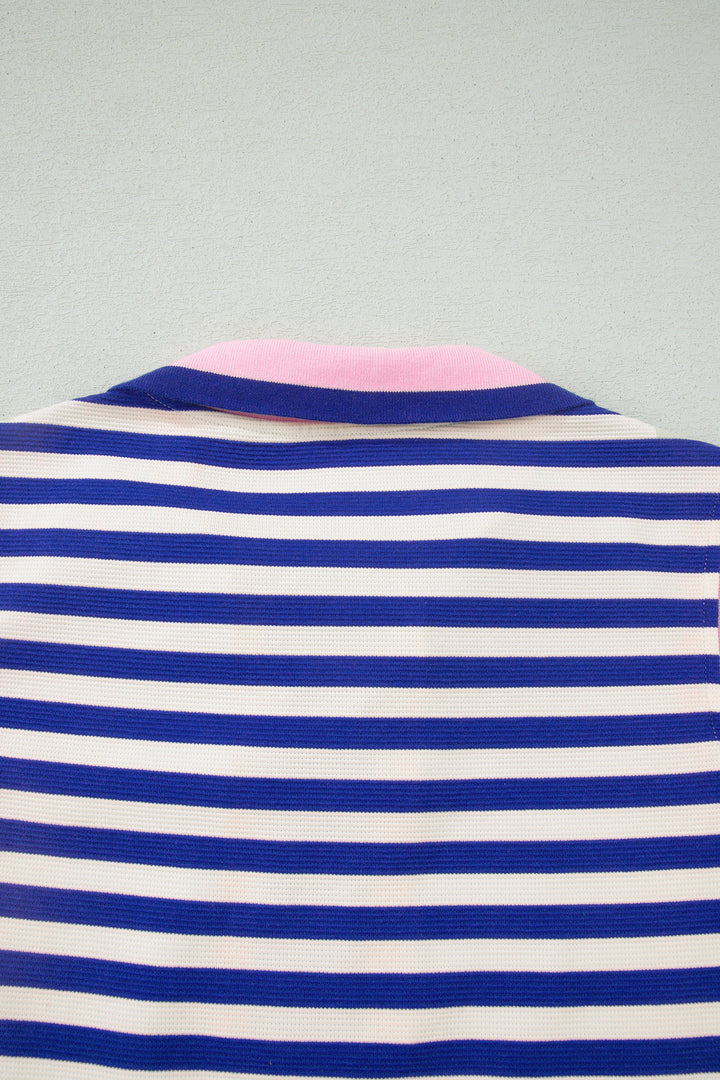 Dark Blue Textured Stripe Print Contrast Trim Zip Collar Sleeveless 2pcs Skort Set