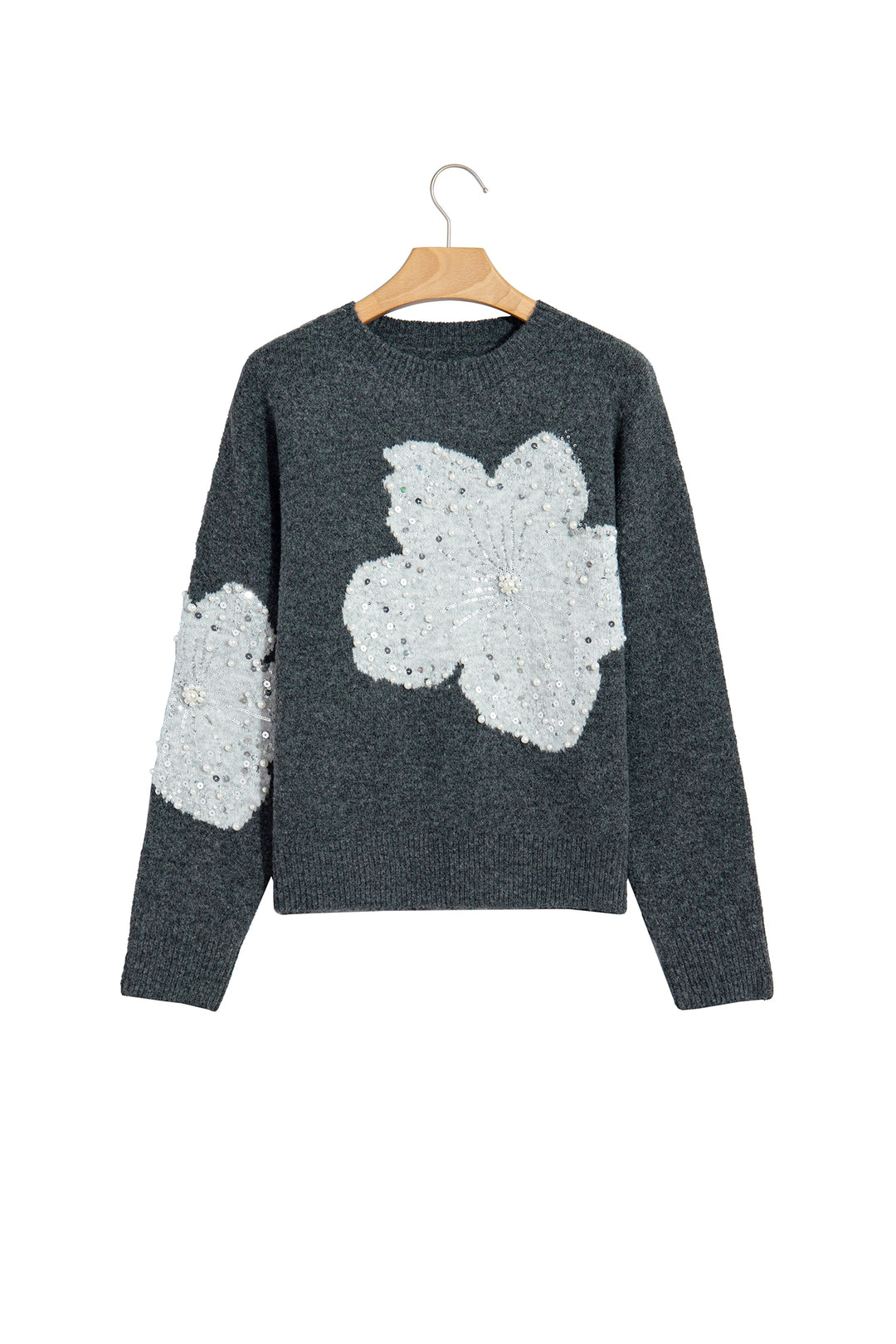 Dark Grey Beaded Floral Accent Casual Round Neck Sweater