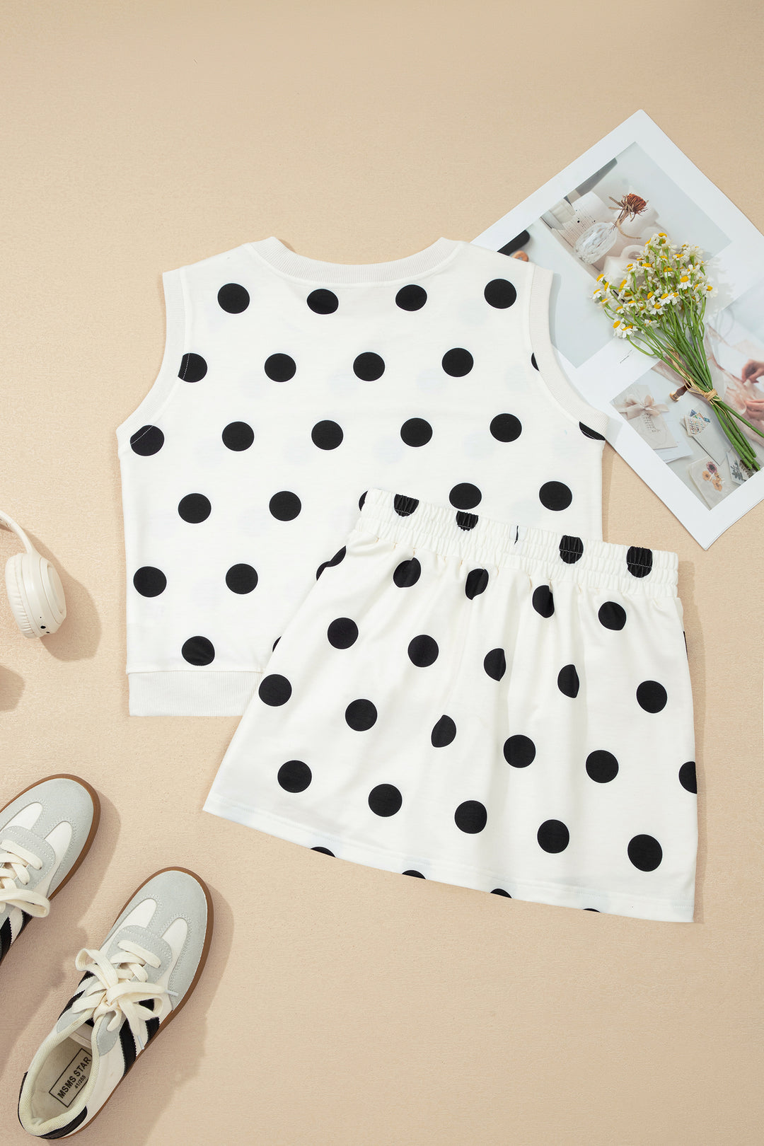 White Ribbed Trim Polka Dot Print Tank Split Mini Skort 2pcs Set
