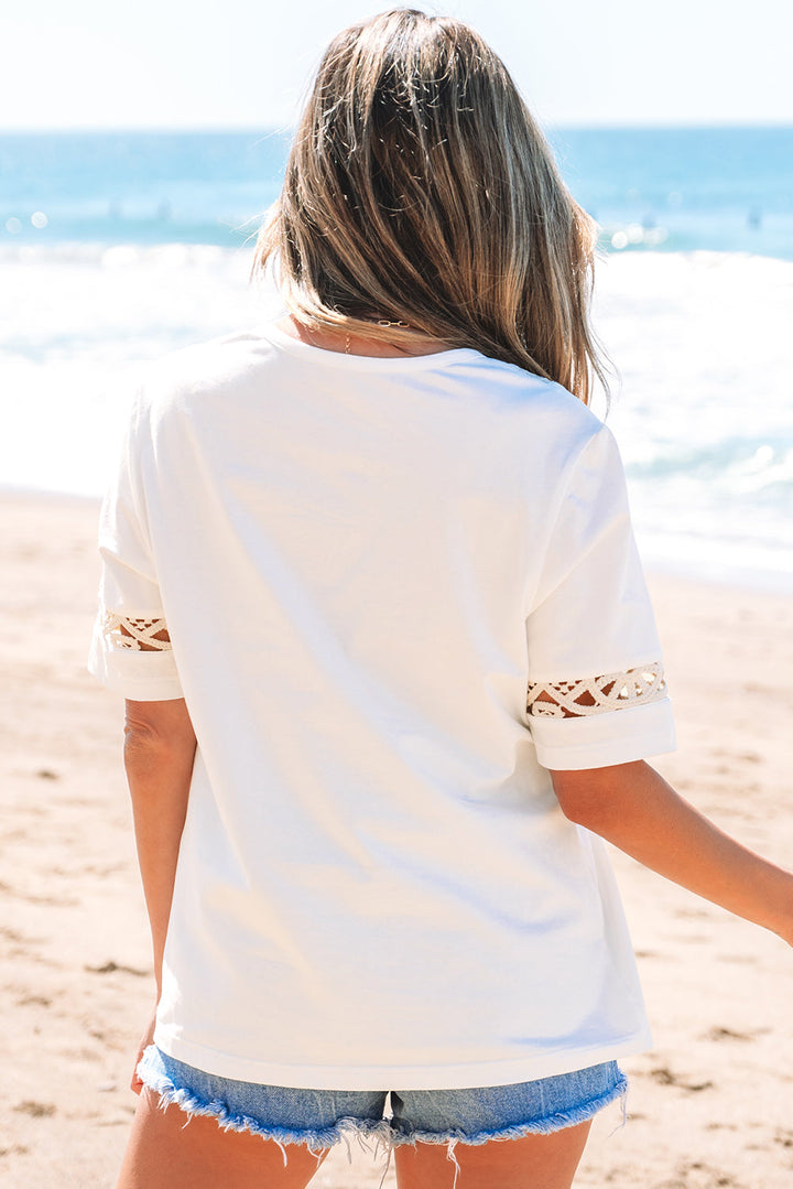 Lace Crochet Crew Neck Casual T Shirt