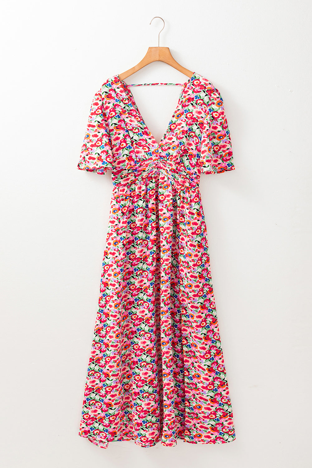 Floral Half Sleeve Deep V Neck Cutout Back Split Maxi Dress