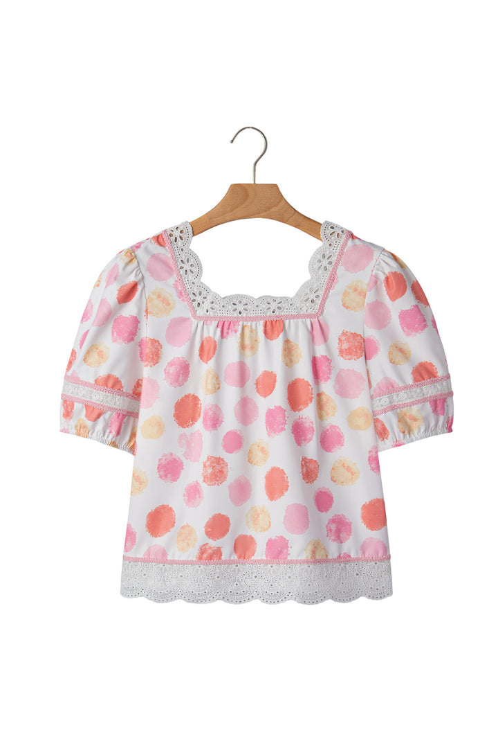 Pink Polka Dot Lace Trim Square Neck Puff Sleeve Blouse