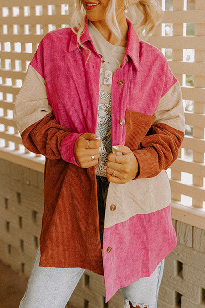 Rose Red Colorblock Curved Hem Corduroy Shacket