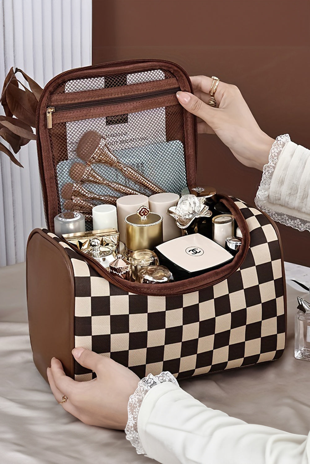 Checkered PU Leather Zipper Makeup Bag