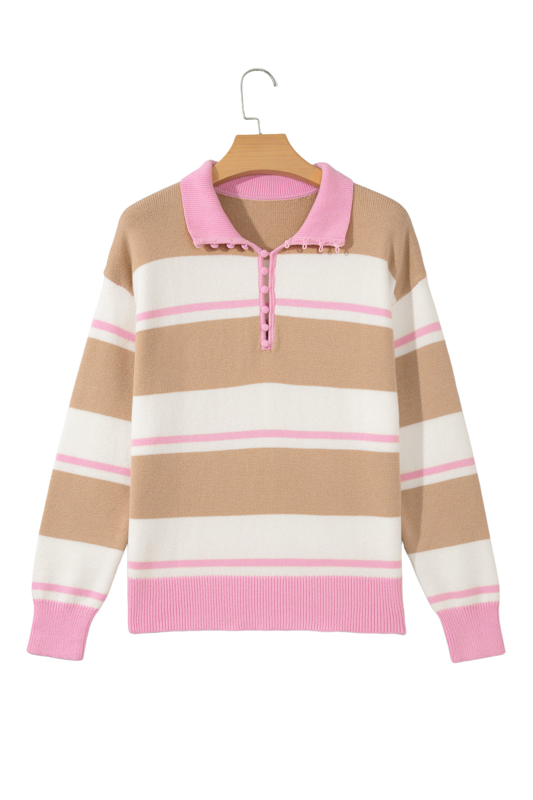 Khaki Stripe Button Placket Long Sleeve Sweater