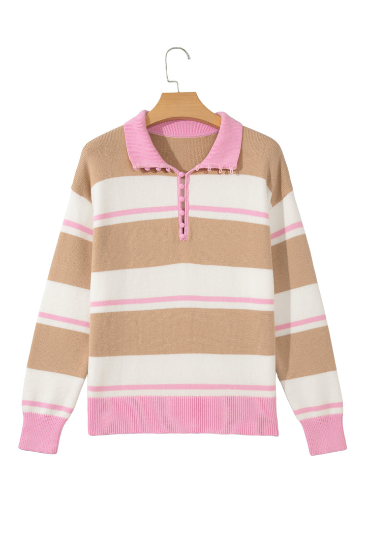 Khaki Stripe Button Placket Long Sleeve Sweater