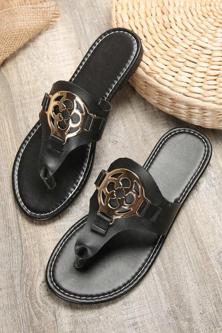 Metal Decor Leather Thong Slippers