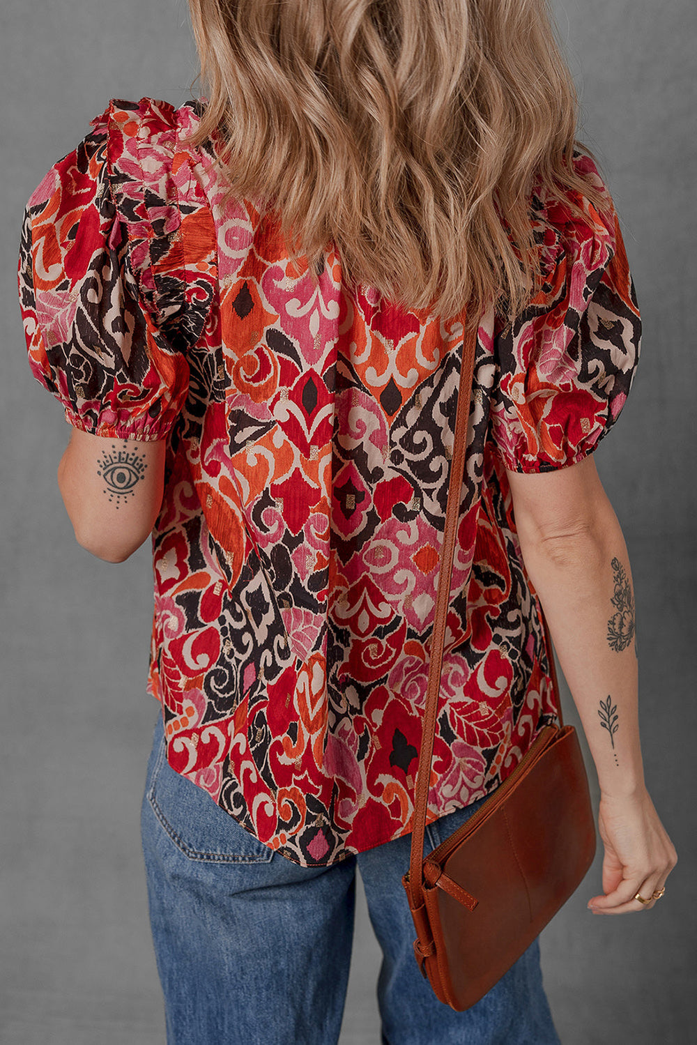 ethnic print split neck short puff sleeve blouse