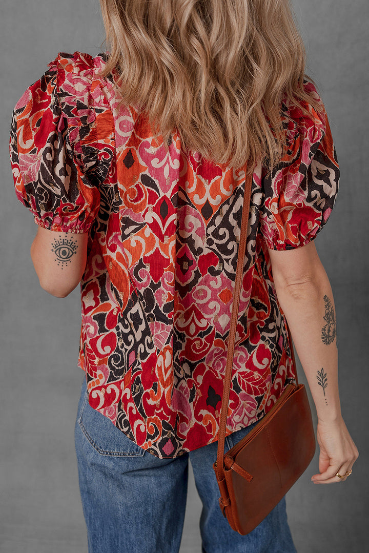 ethnic print split neck short puff sleeve blouse