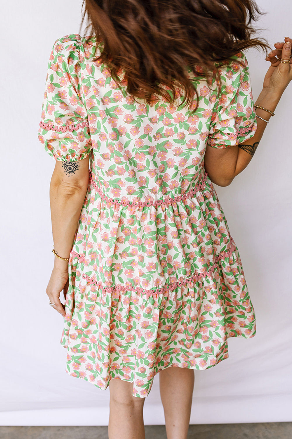 Contrast Neckline Ricrac Trim Floral Short Puff Sleeve Dress
