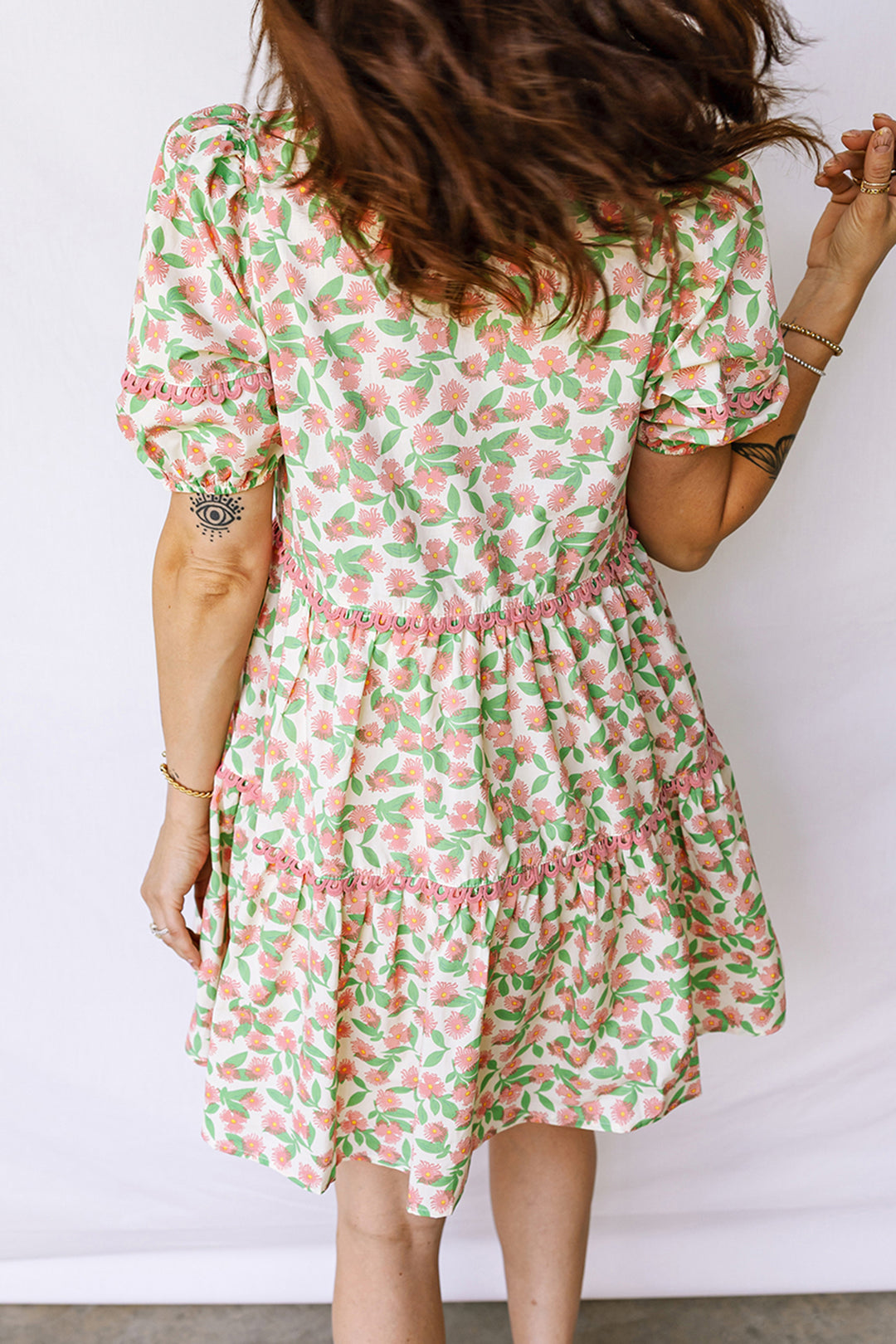 Contrast Neckline Ricrac Trim Floral Short Puff Sleeve Dress
