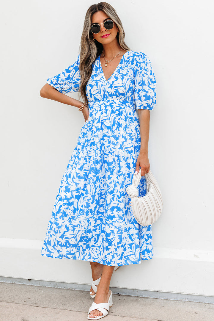 floral v neck puff short sleeve flowy long dress