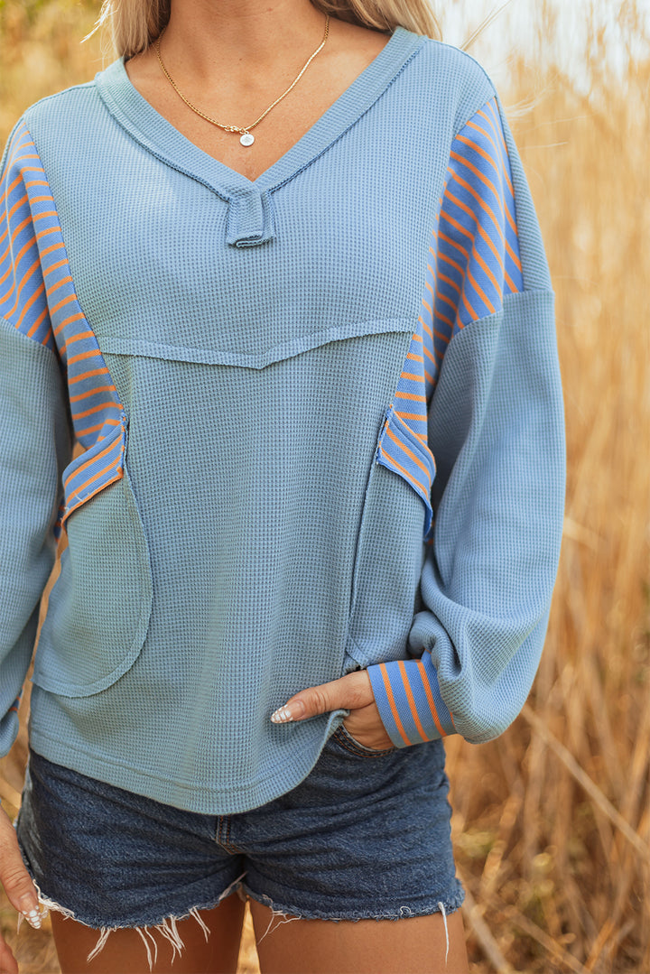 Blue Exposed Seam Waffle Striped Patchwork Baggy Pullover