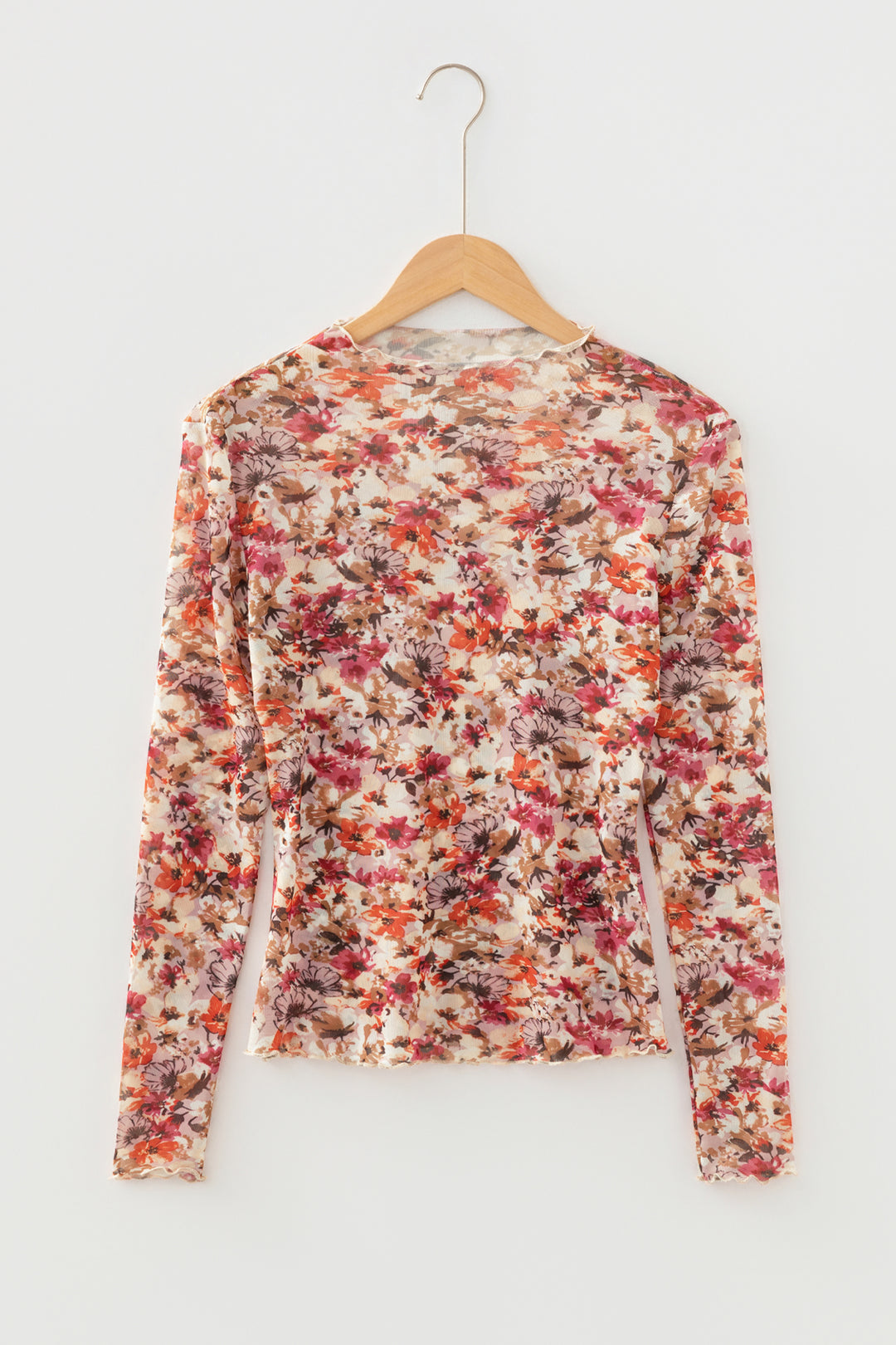Lettuce Trim Floral Print Mesh Long Sleeve Top