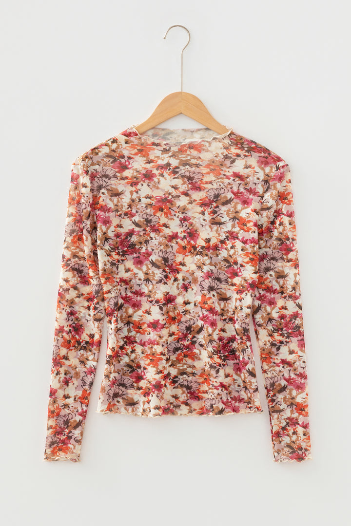 Lettuce Trim Floral Print Mesh Long Sleeve Top