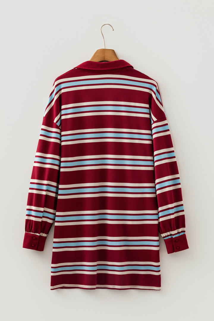 Casual Red Stripe Retro Polo Collar Long Sleeve T Shirt Shift Mini Dress