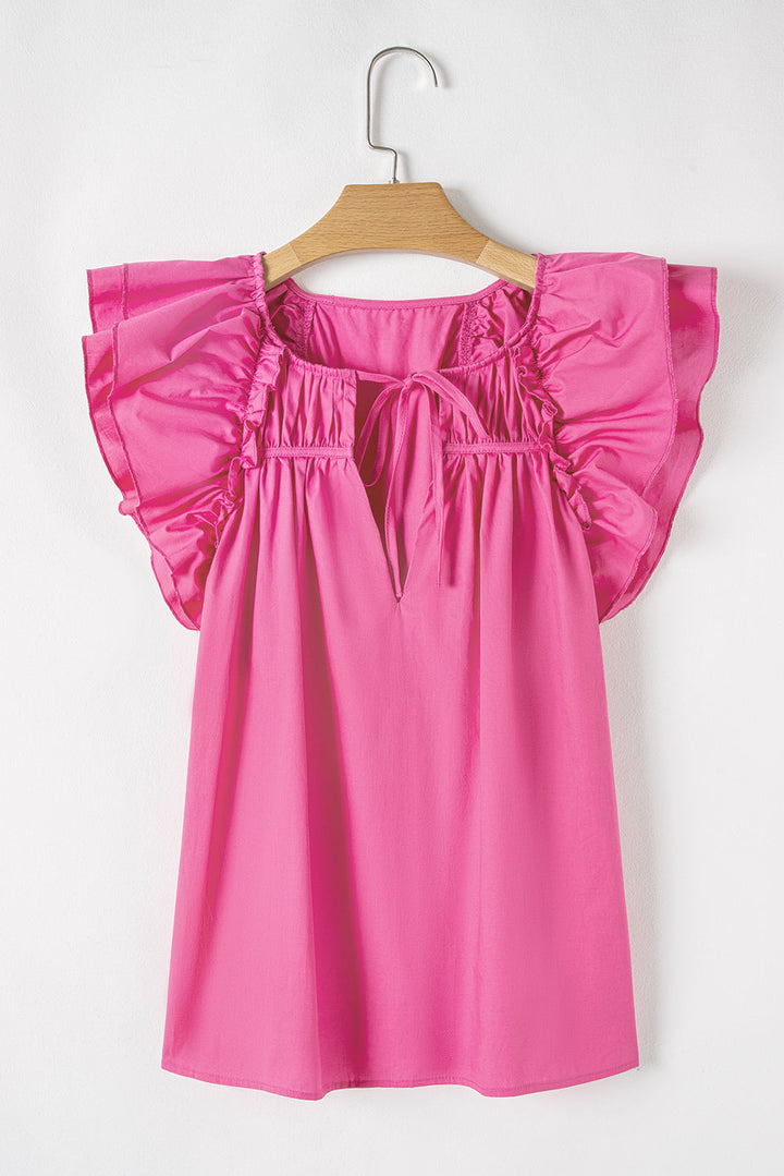 Shirred Yoke Lace up V Neck Ruffled Sleeve Blouse
