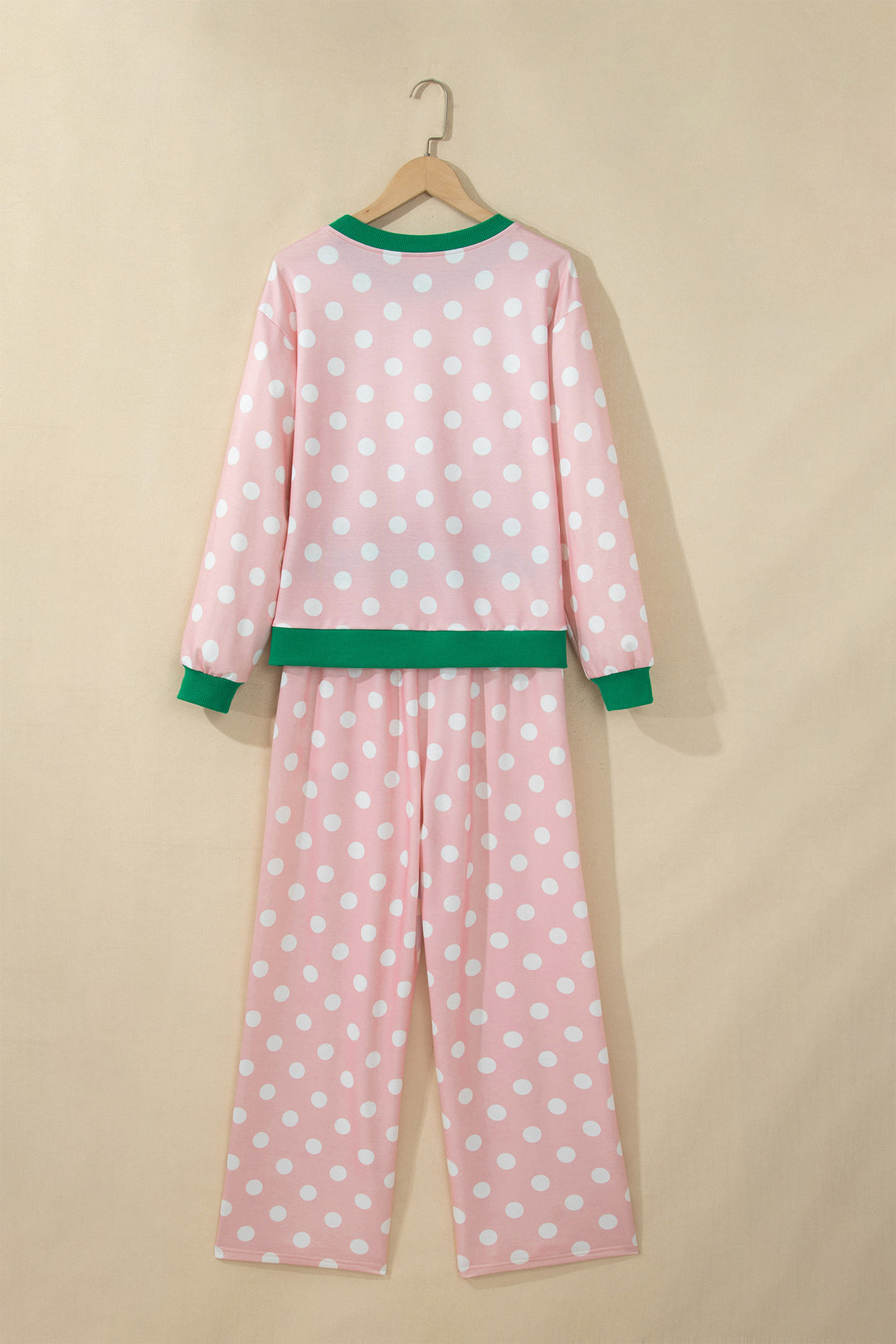 Pink Polka Dot Contrast Trim Long Sleeve Top Drawstring Shift Pants Set