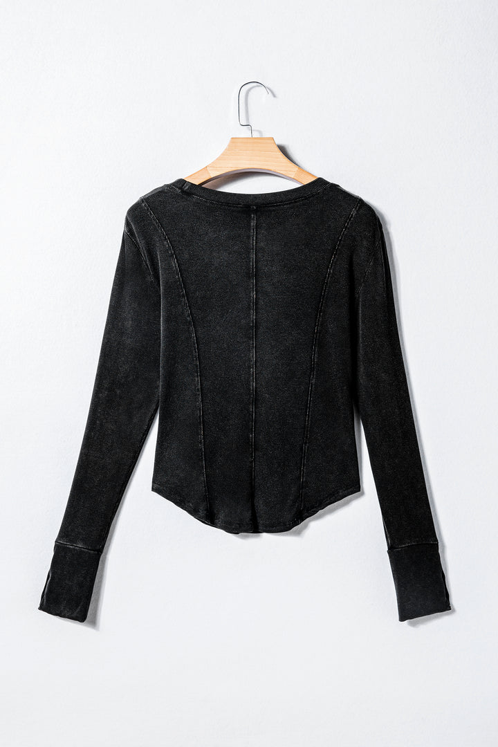 Black Exposed Seam Ribbed Long Sleeve Top