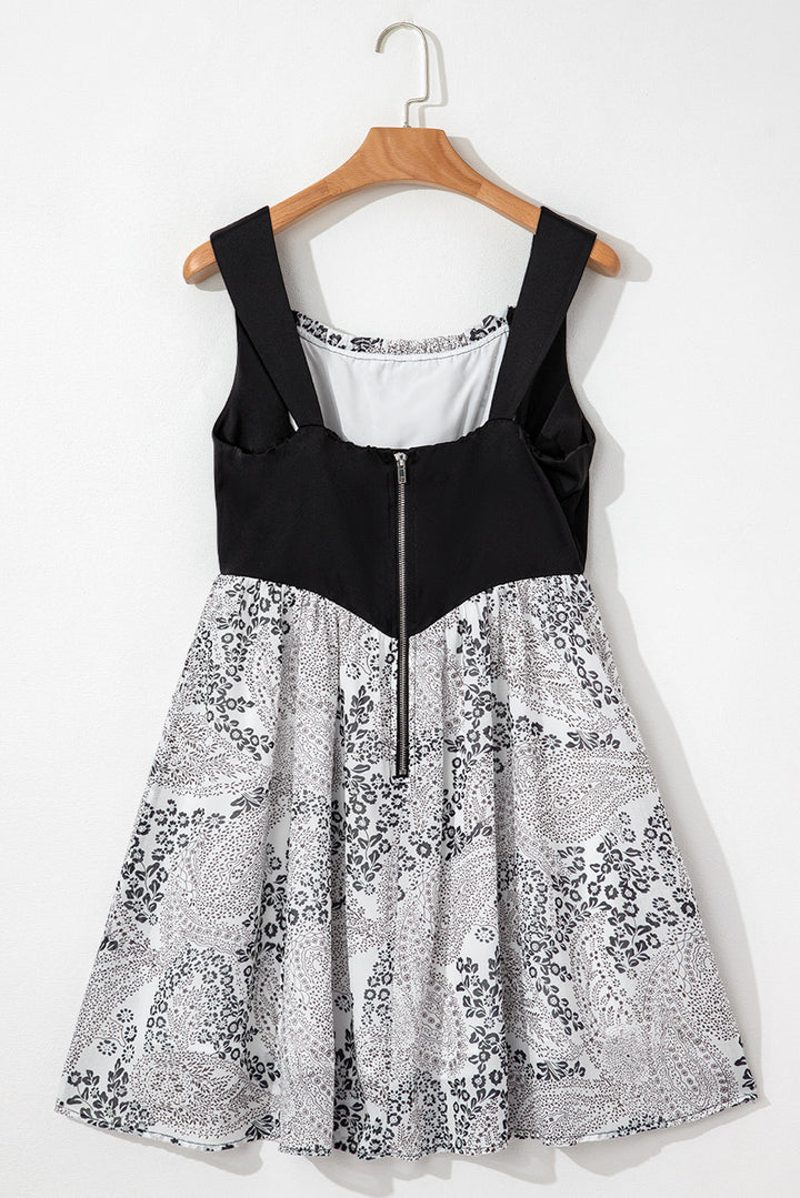 Sleeveless Leather Bustier Patchwork Paisley Floral Chiffon Dress