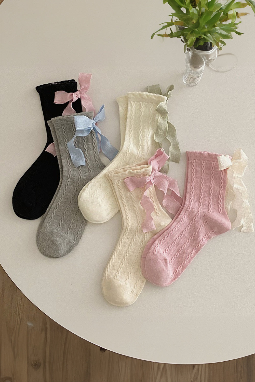 5 paires de chaussettes en tricot texturé avec nœud en ruban contrasté
