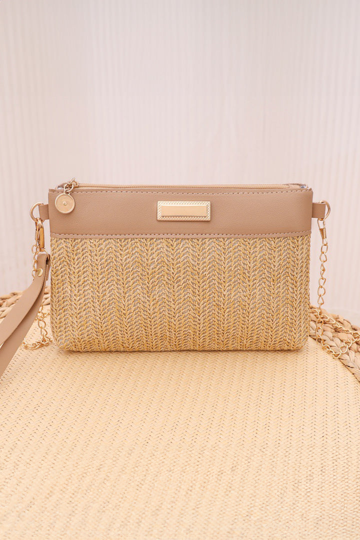 Light French Beige PU Leather Patchwork Faux Straw Woven Single Shoulder Bag